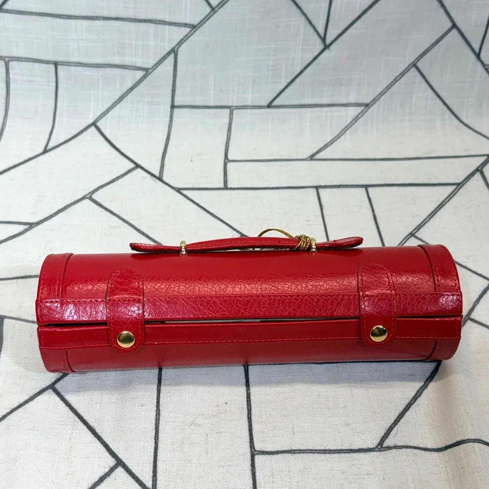 Rowallan Jewelry Roll OS Red Bonded Leather Travel Case Organizer Mirror READ